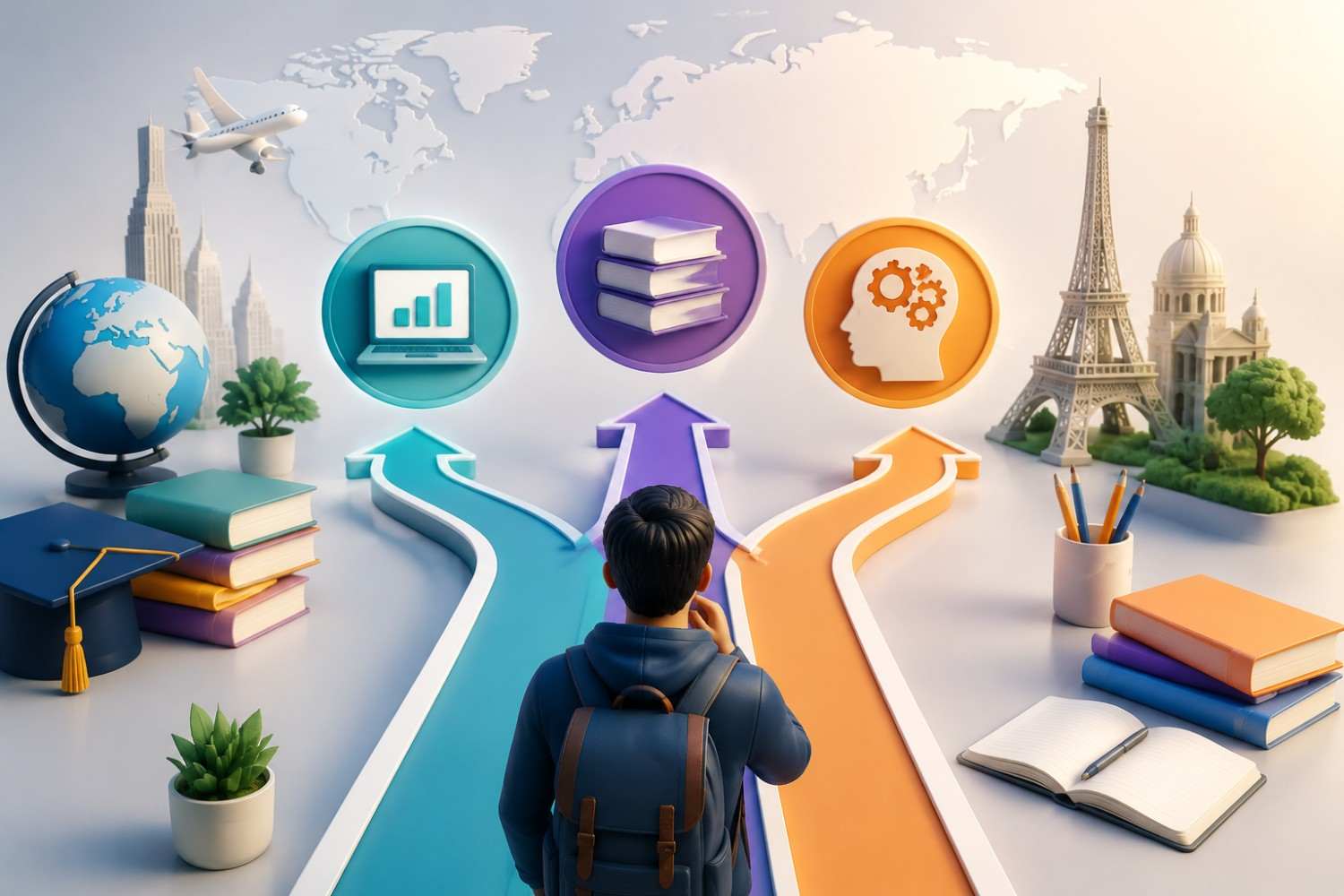 Indian student choosing between GMAT, GRE and CAT pathways for ESCP MiM admission with global education symbols, books, laptop, globe and career decision elements.